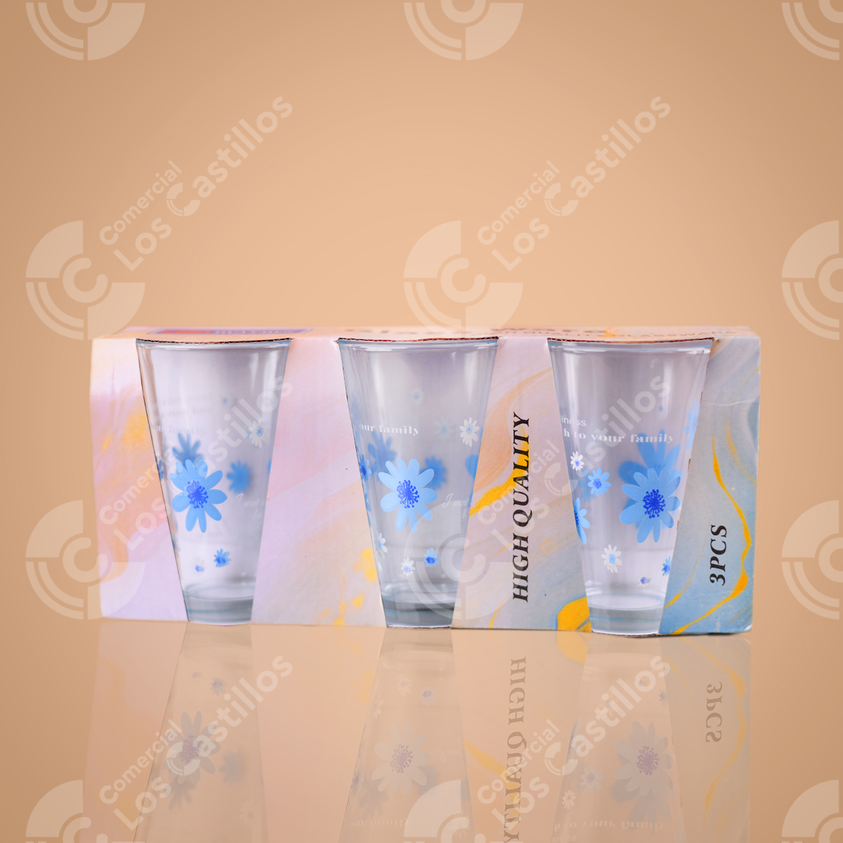 22003623_0 Set De Vasos De Vidrio - Diseño Floral Azul (9Oz, Juego De 3) - Comercial Los Castillos