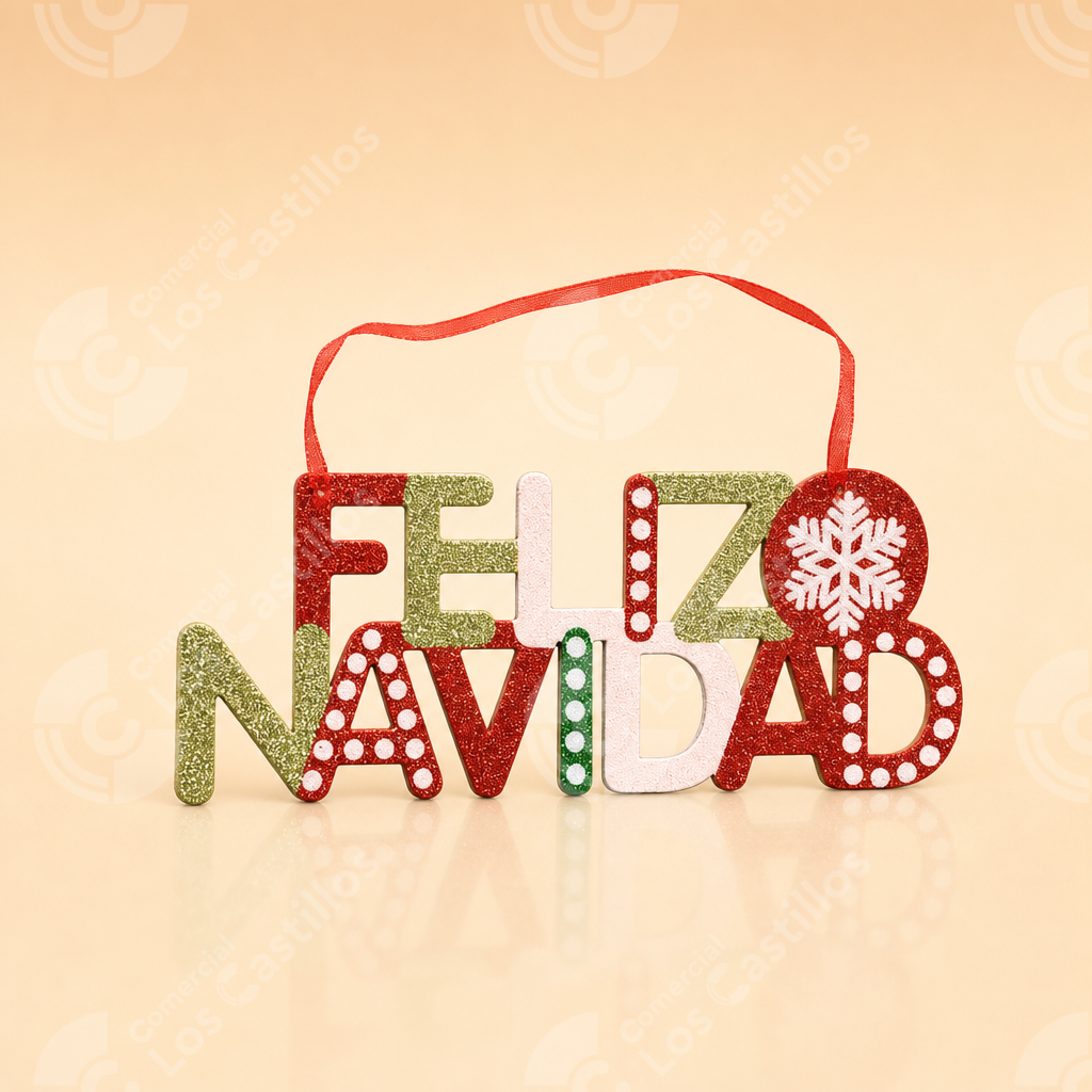 SDO223_0 Decoración Colgante Feliz Navidad con Glitter y Lazo - Comercial Los Castillos